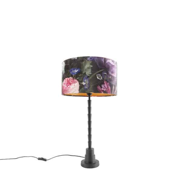 Tischlampe schwarz 35 cm Veloursschirm Blumenmuster - Pisos