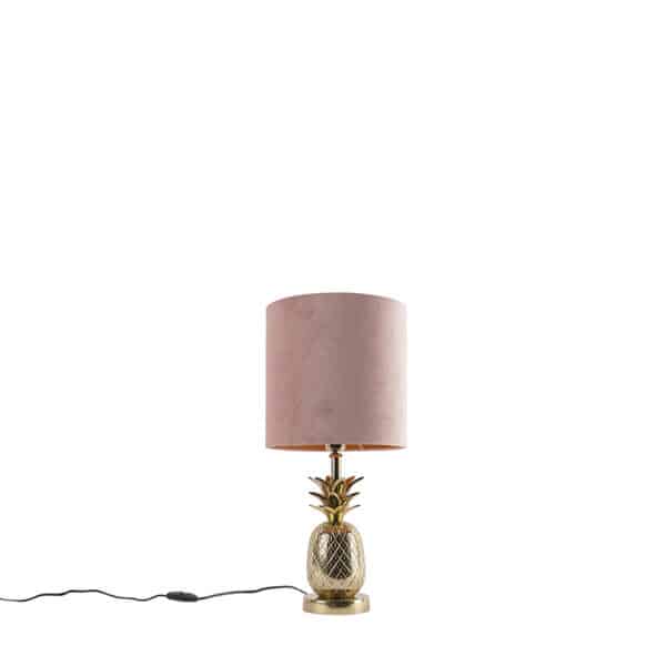 Botanische Tischlampe Gold mit Veloursschirm Pink 25 cm - Tropisch