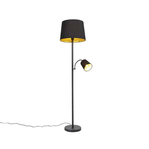 Klassische Stehlampe schwarz mit Gold und Leselicht - Retro