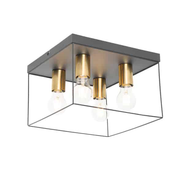 Minimalistische Deckenlampe schwarz mit goldenem 4-Licht-Quadrat - Kodi