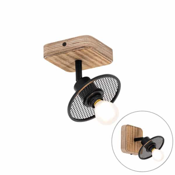 Industrieller Deckenspot schwarz mit Holz – Jasmine